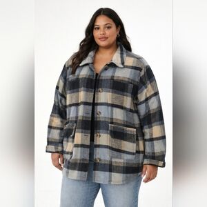 American Eagle Outfitters Plus-Size Plaid Pea Coat in Blue and Cream